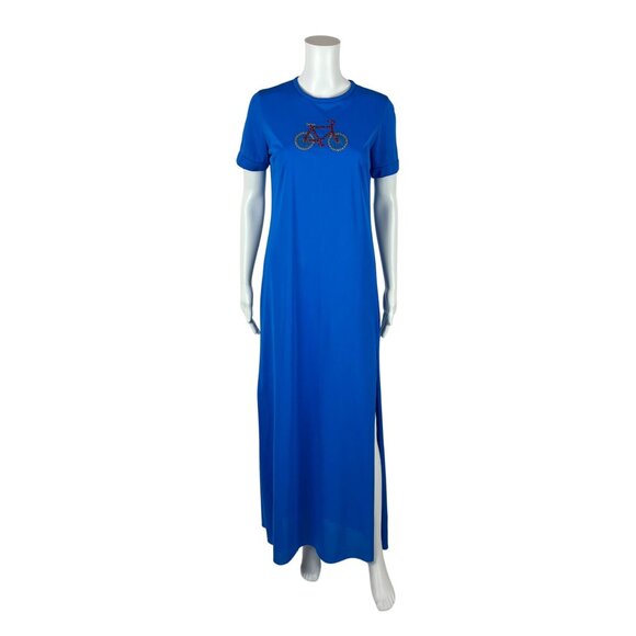 Vintage 70s Long Nightgown Women's Small Bicycle Embroidered Royal Blue Sleep
